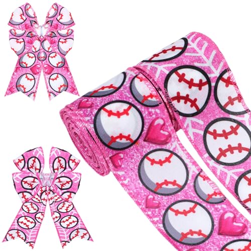 2 Rollen Baseballband mit Drahtrand, 6,3 cm, Sportball-Stoffband, rosa-weiß, Baseball-Muster, für Team-Kranzschleife, Geschenkverpackungen, Sportveranstaltungen, Themenparty-Dekoration, Stil C, 9,1 m von Pineraap