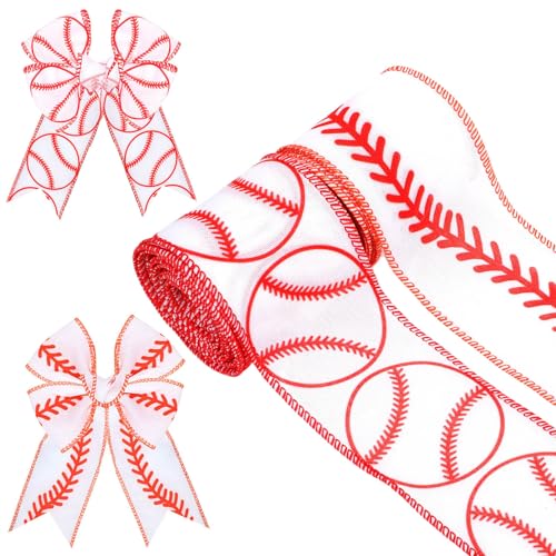 2 Rollen Baseballband mit Drahtrand, 6,3 cm, Sportball-Stoffband, rot-weiß, Baseball-Muster, für Team-Kranzschleife, Geschenkverpackungen, Sportveranstaltungen, Themenparty-Dekoration, Stil A, 9,1 m von Pineraap