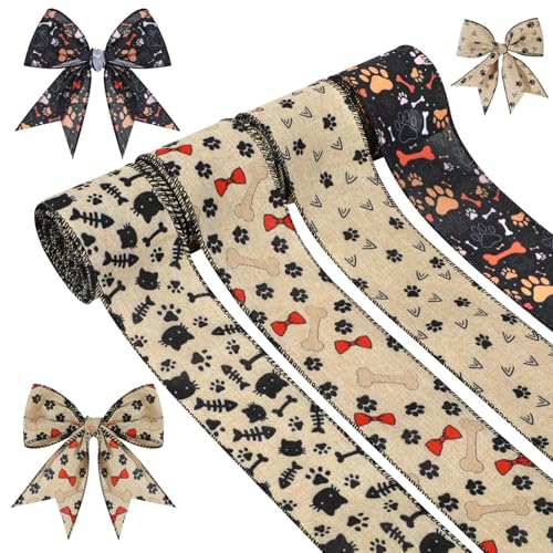 4 Rollen Haustierpfotenband – 6,3 cm x 20 m, Katzen- und Hundeknochenmuster, Drahtrand, Band für Geschenkverpackungen, Bastelarbeiten, Tier-Party-Dekorationen, Blumenschleifen, Heim-Ornamente 4 Rollen Haustierpfotenband – 6,3 cm x 20 m, Katzen- und Hundeknochenmuster, Drahtrand, Band für Geschenkverpackungen, Bastelarbeiten, Tier-Party-Dekorationen, Blumenschleifen, Heim-Ornamente von Pineraap