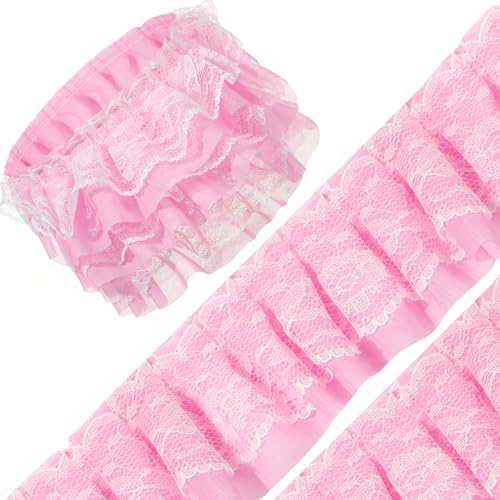 40 Meter rosa doppellagige plissierte Chiffon-Spitzenborte 5,1 cm breit Tüllborte für Zuhause, DIY, Nähen, Basteln, Kostüm, Kissenbezug, Verzierungen (Rosa) von Pineraap