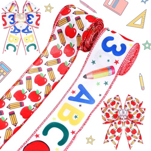 Band mit Drahtrand, 2 Rollen, Schulthema, Bastelbänder, Buchstabenmuster, Stoffband für Kranz, Schleifen, Geschenkverpackungen, Party-Dekor, 9,1 m (Buchstabe) von Pineraap