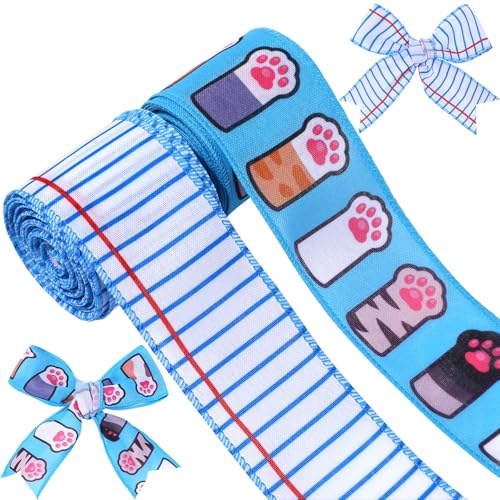 Pineraap 2 Rollen 9,1 m Katzenpfotenabdruckband mit Drahtrand, 6,3 cm, niedliches Katzenpfotenmuster, Stoffband für Geschenkverpackungen, Kranz, Schleife, Haustier-Party-Dekoration von Pineraap