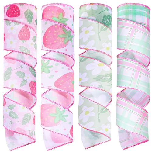 Pineraap 4 Rollen 20 Meter Erdbeerband mit Drahtrand, 6,3 cm, rosa und grün, kariert, Bastelband, Sommerfrucht, Stoffband für Geschenkverpackungen, Kranz, Schleifen, Sommer, Frühling, Party Pineraap 4 Rollen 20 Meter Erdbeerband mit Drahtrand, 6,3 cm, rosa und grün, kariert, Bastelband, Sommerfrucht, Stoffband für Geschenkverpackungen, Kranz, Schleifen, Sommer, Frühling, Party von Pineraap