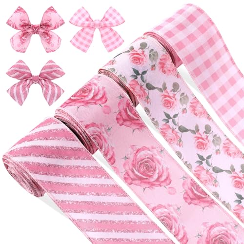 Pineraap 4 Rollen 20 Meter Floral Wire Edge Band 6,3 cm rosa Rose Blumenmuster Band Frühling dekoratives Stoffband für Geschenkverpackungen Blumenstrauß Schleife Kranz Herstellung DIY Handwerk Party von Pineraap