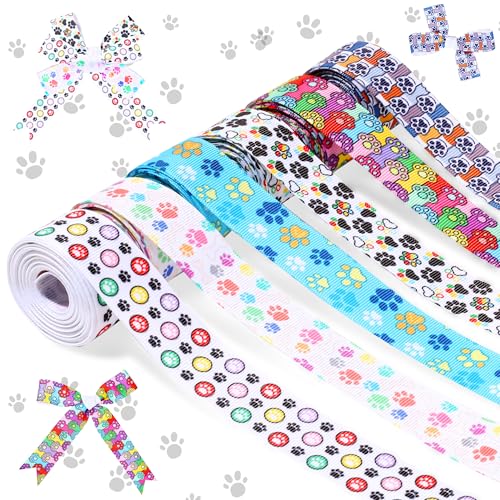 Pineraap Hundeband mit Pfotenabdruck, 6 Rollen, 2,5 cm x 4,5 m, Ripsbänder für Bastelarbeiten, Party, Geschenkverpackung, Heimdekorationen, Schleifenherstellung (4,5 m/Rolle) von Pineraap