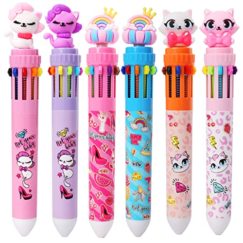 Pinkgarden 6 Stück mehrfarbige Kugelschreiber, 0,5 mm, 10-in-1 farbige einziehbare Weltraum-Kugelschreiber für Schule, Lieferanten, Büro, Studenten, Kinder, Geschenk (Katzen-Stil) von Pinkgarden