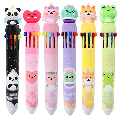 Pinkgarden Mehrfarbiger einziehbarer Kugelschreiber, 10-in-1 farbige Cartoon-Tier-Kugelschreiber für Büro, Schulbedarf, Studenten, Kinder, Geschenk, 0,5 mm Mine, 6 Stück von Pinkgarden