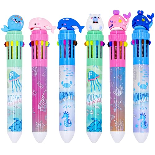 Pinkgarden Mehrfarbiger Kugelschreiber, 0,5 mm, 10-in-1, farbig, einziehbar, für Schule, Lieferant, Büro, Studenten, Kinder, Geschenk (Ozean), 6 Stück von Pinkgarden