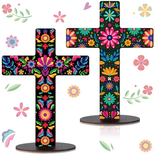 Pinkunn 2 Stück Tag der Toten Tischdekoration, mexikanisches Kreuz, Holz-Mittelstück für Tisch, Dia De Los Muertos, Tischdekoration, Altar, Mittelstück, spanisches Kruzifix für Halloween-Party von Pinkunn