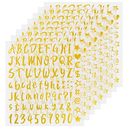 Pinsheng 8 Blätter Glitzer Buchstabe und Zahl Aufkleber, Selbstklebende Vinyl Buchstaben Aufkleber, Alphabet Nummer Aufkleber DIY handgemachte Dekorationen für Briefkasten,Schild,Adressnummer (Gold) von Pinsheng