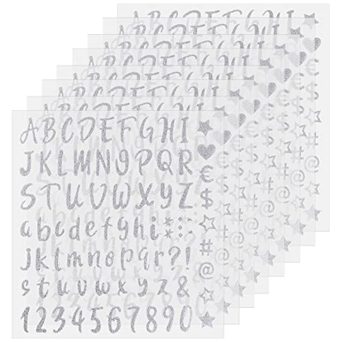 Pinsheng 8 Blätter Glitzer Buchstabe und Zahl Aufkleber, Selbstklebende Vinyl Buchstaben Aufkleber, Alphabet Nummer Aufkleber DIY handgemachte Dekorationen für Briefkasten,Schild,Adressnummer (Silber) von Pinsheng