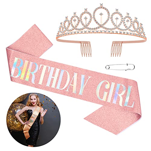 Pinsheng Birthday Geburtstag Geburtstagskrone Schärpe Prinzessin Krone Rose Gold Geburtstag Tiara Crown Frauen Mädchen Geburtstag Tiara für Geburtstag Geschenk, Party Zubehör und Party Dekorationen von Pinsheng