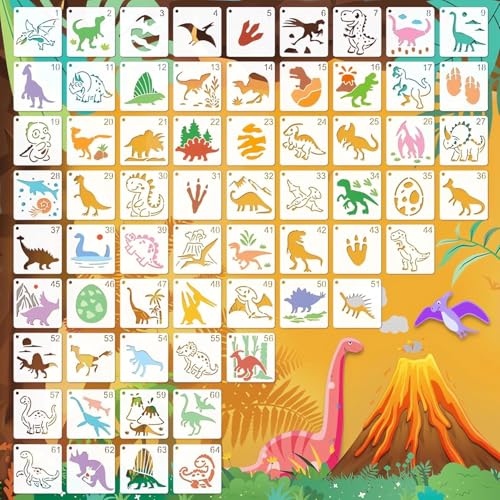 64 Stück 7,6 cm kleine Dinosaurier-Schablonen zum Basteln, Schablonen zum Malen, Schablonen zum Basteln, wiederverwendbar, DIY-Bastelmalvorlage zum Malen auf Holz, Wand, Leinwand, Stoffen, Papier von Pinsit
