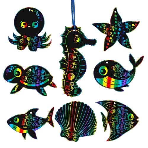 Pinsit 64 Stück Ozean-Kratzkunst, unter dem Meer, Regenbogen-Kratzkunst für Kinder, Sommer-Ozean-Tiere, Rubbelkarten für Sommerparty, Gastgeschenke, Schule, DIY-Aktivitäten von Pinsit