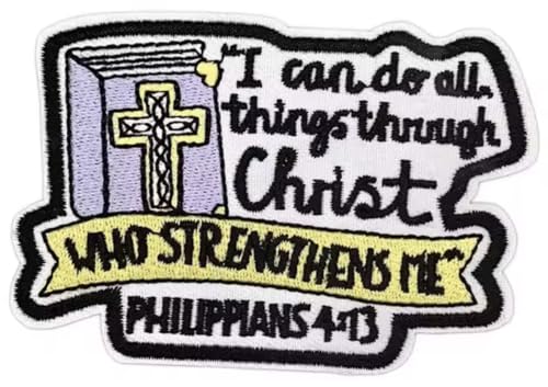 Aufnäher zum Aufbügeln für Kleidung mit Aufschrift "I Can Do All Things Through Christ Who Strengthens Me Philippians", 4:13, 4, 13, Jesus Christ, Bibelvers, 8,9 cm von Pinstant