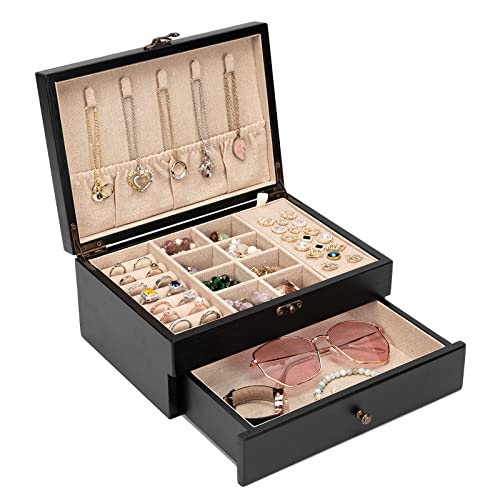 Pinzoveco Schmuckkästchen für Damen, rustikale Holz-Schmuck-Organizer-Box zur Aufbewahrung von Ohrringen, Ringen, Halsketten, Armbändern, Bauernhaus-Stil, Holz-Schmuckschatullen, Organizer (Schwarz) Pinzoveco Schmuckkästchen für Damen, rustikale Holz-Schmuck-Organizer-Box zur Aufbewahrung von Ohrringen, Ringen, Halsketten, Armbändern, Bauernhaus-Stil, Holz-Schmuckschatullen, Organizer (Schwarz) von Pinzoveco
