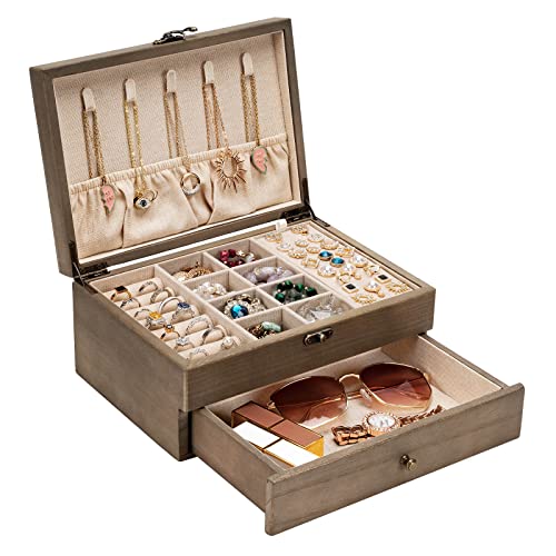 Pinzoveco Schmuckkästchen für Damen, rustikale Holz-Schmuck-Organizer-Box zur Aufbewahrung von Ohrringen, Ringen, Halsketten, Armbändern, Bauernhaus-Stil, Holz-Schmuckschatullen und Organizer (Grau) Pinzoveco Schmuckkästchen für Damen, rustikale Holz-Schmuck-Organizer-Box zur Aufbewahrung von Ohrringen, Ringen, Halsketten, Armbändern, Bauernhaus-Stil, Holz-Schmuckschatullen und Organizer (Grau) von Pinzoveco