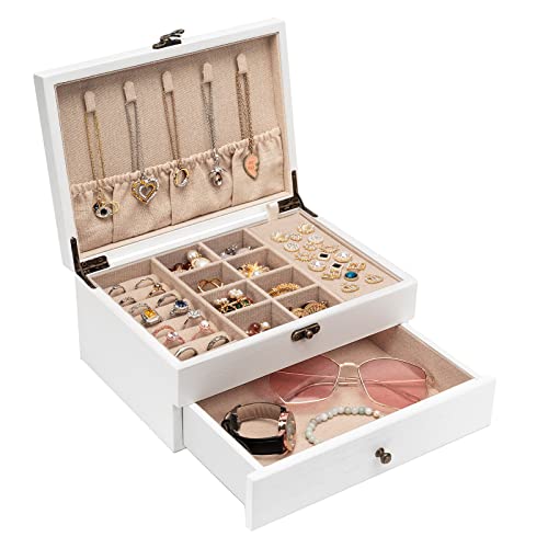 Pinzoveco Schmuckkästchen für Damen, rustikale Holz-Schmuck-Organizer-Box zur Aufbewahrung von Ohrringen, Ringen, Halsketten, Armbändern, Bauernhaus-Stil, Holz-Schmuckschatullen und Organizer (Weiß) Pinzoveco Schmuckkästchen für Damen, rustikale Holz-Schmuck-Organizer-Box zur Aufbewahrung von Ohrringen, Ringen, Halsketten, Armbändern, Bauernhaus-Stil, Holz-Schmuckschatullen und Organizer (Weiß) von Pinzoveco