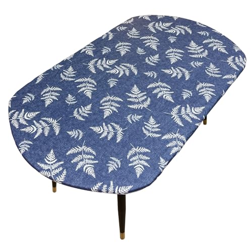 Ovale Vinyl-Tischdecke mit Flanell-Rückseite, elastischer Rand, wasserdicht, öldicht, Kunststoff-Tischdecke (blaues Blattmuster 2, am besten für bis zu 121,9 x 172,7 cm) von Pioggia