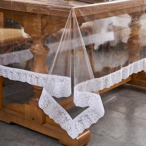 Transparente Vinyl-Tischdecke, transparenter Spitzenbesatz, wasserdicht, schmutzabweisend, Kunststoffabdeckung, dekorativ, perfekt für Hochzeiten, Partys und Heimdekoration (137 x 178 cm, rechteckig) Transparente Vinyl-Tischdecke, transparenter Spitzenbesatz, wasserdicht, schmutzabweisend, Kunststoffabdeckung, dekorativ, perfekt für Hochzeiten, Partys und Heimdekoration (137 x 178 cm, rechteckig) von Pioggia