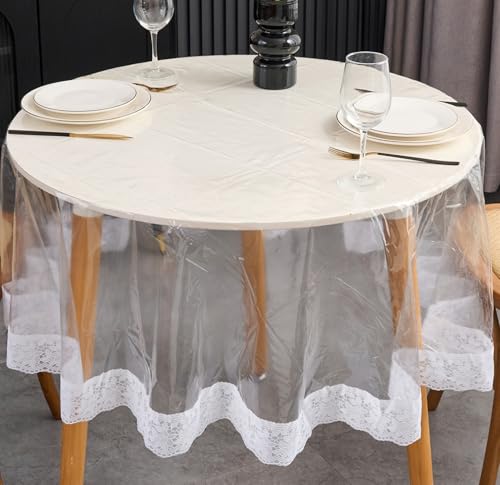 Transparente Vinyl-Tischdecke, transparenter Spitzenbesatz, wasserdicht, schmutzabweisend, Kunststoffabdeckung, dekorativ, perfekt für Hochzeiten, Partys und Heimdekoration (152,4 cm rund) von Pioggia