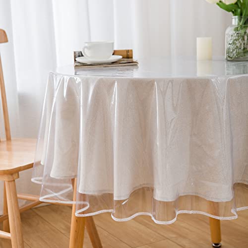 Transparente strapazierfähige Vinyl-Tischdecke mit genähten Kanten, wasserdicht, öldicht, schmutzabweisend, Kunststoff-Tischabdeckung (rund, 121,9 cm) von Pioggia