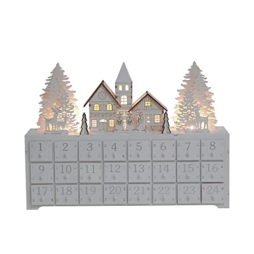 PE Weihnachten Adventskalender zum Befüllen Holz mit LED Kinder -Winterwald Szene-24 Schubladen Weihnachtskalender mit Silber Rentier Dekorative & Funktionale Aufbewahrung von Weihnachtsgeschenken von Pioneer Effort