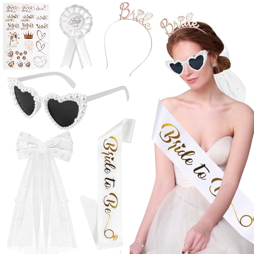 6 Stück JGA Accessoires Frauen, Junggesellenabschied Frauen Set-Bride to Be Schärpe, Schleier, Herzsonnenbrille Perlen, Braut Haarreif, JGA Tattoos Deko für Brautparty und Hochzeitsfotografie von Pipihome