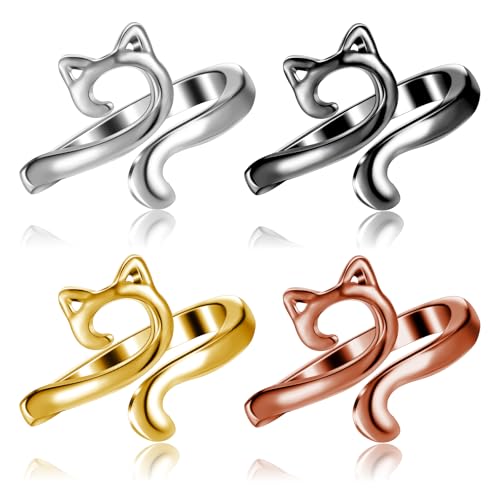 Piriuuo 4 Stück Häkelring für Finger, Verstellbare Katze Strickschlaufe Metall Häkelring DIY Strickringe zum Häkeln Offene Garnführung Häkelringe für DIY Bastelzubehör Süße Häkelgeschenke von Piriuuo