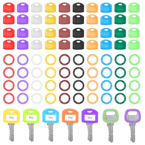 Piriuuo 80 Stück Schlüsselkappen, 2 Stile Bunte Schlüsselabdeckungen PVC Schlüsselkappen Schlüsselkennzeichnung Set Schlüsselringen für Organisation Hausschlüsseln Hausschlüssel-Etiketten, 10 Farben von Piriuuo