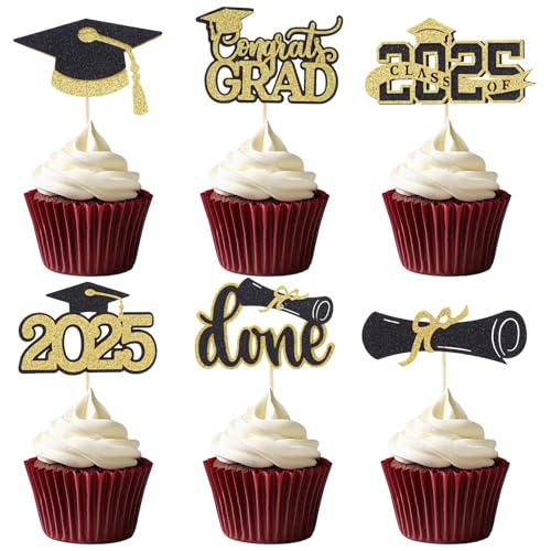 Pistha Cupcake-Topper zum Schulabschluss 2025, Grad 2025, für Abschluss-Kuchendekorationen, Gold, 48 Stück von Pistha