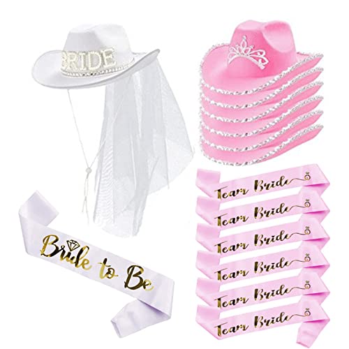 Cowboyhut für die Braut, mit Schleier, breiter Krempe, Cowgirl-Hut und Schärpe, Set für Hochzeitsfeier, Requisiten, Junggesellinnenabschied, Hüte für Brautparty von Pitadue