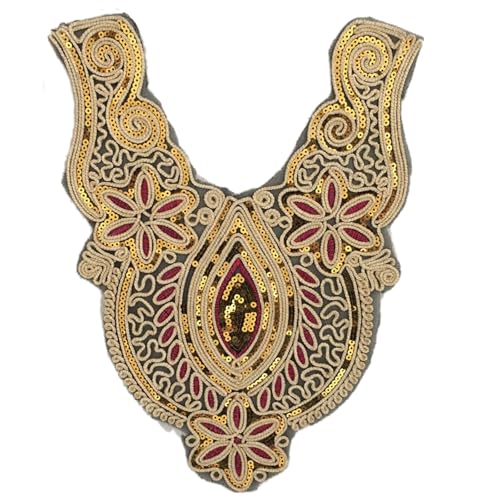 Ethnischer Stil, goldener Kragen, Pailletten, Blumenstickerei, Applikationen, verzierte Spitze, Halsausschnitt, Kragen zum Aufnähen Ethnischer Stil, goldener Kragen, Pailletten, Blumenstickerei, Applikationen, verzierte Spitze, Halsausschnitt, Kragen zum Aufnähen von Pitadue