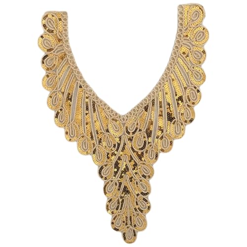 Ethnischer Stil, goldener Kragen, Pailletten, Blumenstickerei, Applikationen, verzierte Spitze, Halsausschnitt, Kragen zum Aufnähen Ethnischer Stil, goldener Kragen, Pailletten, Blumenstickerei, Applikationen, verzierte Spitze, Halsausschnitt, Kragen zum Aufnähen von Pitadue