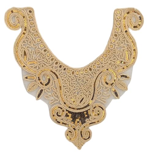 Ethnischer Stil, goldener Kragen, Pailletten, Blumenstickerei, Applikationen, verzierte Spitze, Halsausschnitt, Kragen zum Aufnähen Ethnischer Stil, goldener Kragen, Pailletten, Blumenstickerei, Applikationen, verzierte Spitze, Halsausschnitt, Kragen zum Aufnähen von Pitadue
