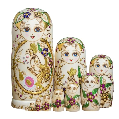 Pitadue Matroschka Russische Nesting-Puppen, Set mit 10 handbemalten Holzfiguren, Dekorationen, Holzhandwerk für Ausstellungspuppen von Pitadue