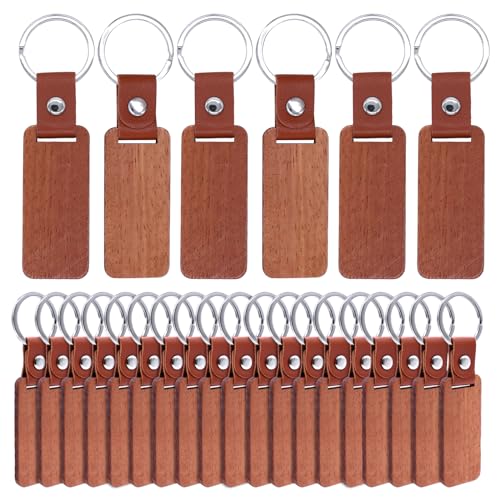 Piuluvor® 25 Stück Holz Schlüsselanhänger Rechteckig Schlüsselanhänger aus Holz und Leder Blanko Schlüsselanhänger für DIY Gravur Bemalen von Piuluvor