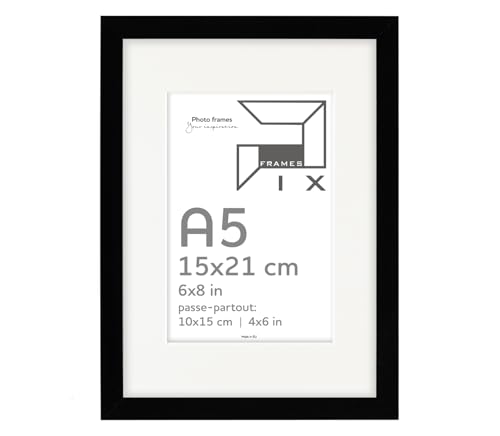 Pix FRAMES Bilderrahmen 15x21/10x15 cm A5 - Idea Pass Kollektion - Holzrahmen mit Passepartout - Picture Frame - Holzbilderrahmen - Holz Bilderrahmen - Fotorahmen - Schwarz von Pix FRAMES