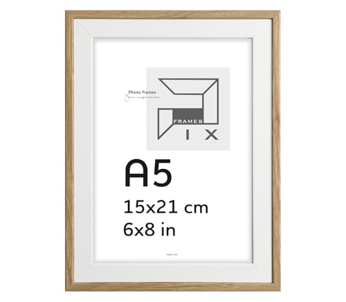 Pix FRAMES Bilderrahmen - 15x21 cm (A5) - Fotorahmen aus Holz mit Dekorative Folienbeschichtung - Elegantes Rahmen für Fotos - Klassische Rahmen zum Aufhängen und Aufstellen - Weiß & Eiche von Pix FRAMES