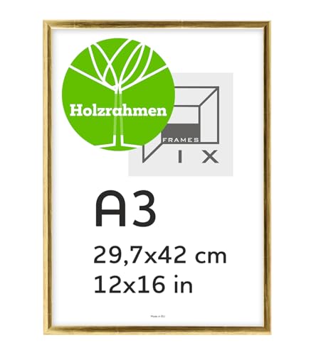 Pix FRAMES Bilderrahmen A3 - Fotorahmen aus Holz - Rahmen mit Scheiben aus acrylglas - Rahmen zum Aufhängen - Modern Photo Frame - 29,7x42 cm - Gold von Pix FRAMES