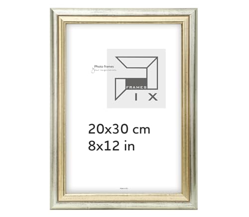 Pix FRAMES Bilderrahmen Vintage 20x30 cm - Fotorahmen aus Holz mit Scheiben aus Plexiglas - Retro Rahmen zum Aufhängen und Aufstellen - Gealterter Fotorahmen - Silber-Gold von Pix FRAMES