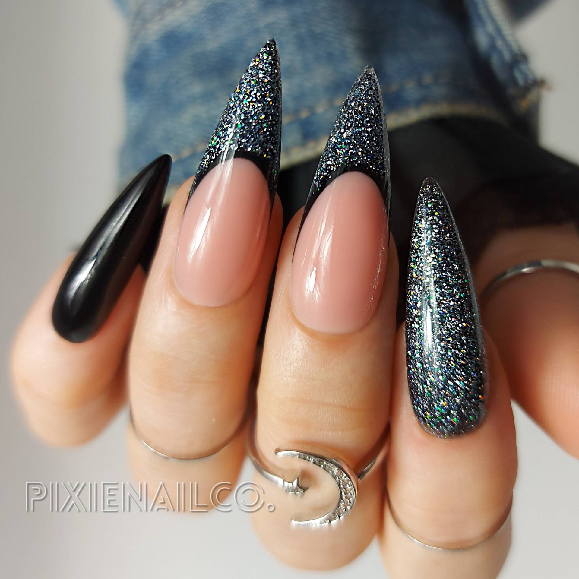 Schwarz Und Halo Silber Glitter French Tip Press On Nails, Hard Gel Ons, Luxury Custom Nails Schwarz Und Halo Silber Glitter French Tip Press On Nails, Hard Gel Ons, Luxury Custom Nails von PixieNailCo