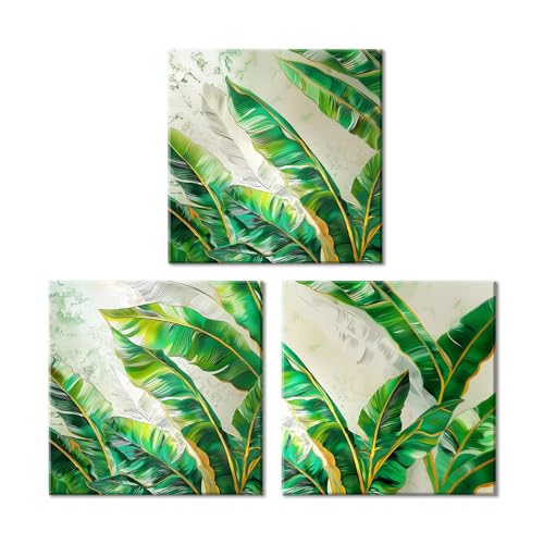 Piy Painting 3 Teiliges Palmblätter Wandkunst Leinwand Malerei, Grüne Blätter Foto leinwand bilder Gemälde Nordischer Stil Leinwandbilder mit rahmen Moderne Wanddeko für Wohnzimmer Büro 30x30cm von Piy Painting
