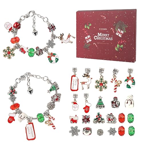 Adventskalender 2024 Mädchen Kinder, DIY Adventskalender Schmuck Mädchen Armband Basteln Geschenk 24 Tage, Weihnachtskalender Charm mit Armbänder für Kinder 4 5 6 7 8 9 10 11 12 Jahre (Rot) von Piymnys