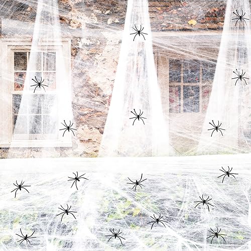 Halloween Deko Spinnennetz 300g mit 100St Plastik Spinnen, Halloween Deko, 1400 sqft Dehnbare Spinnennetz für Halloween Dekorationen, Innen/Außen, Garten, Spukhaus & Partyzubehör von Piymnys