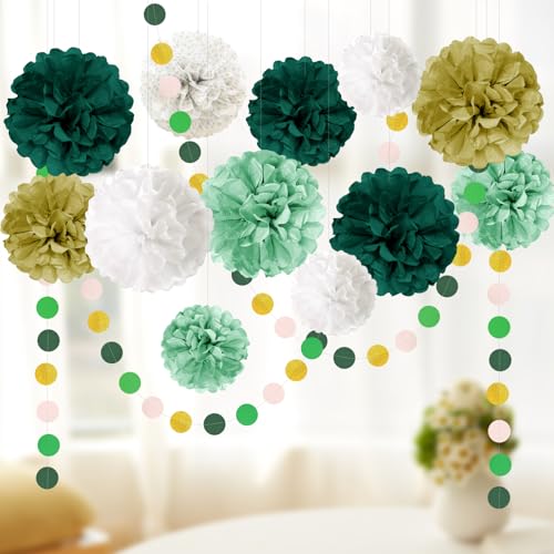 Seidenpapier Pompons Deko, 15 Stück Partydeko Grün, Papier Pompoms Deko für Hochzeit, Abschlussball, Geburtstag, Babyparty, Gartenparty and Polterabend (Grüne Serie) von Pizens