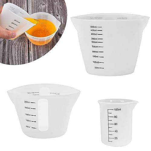 Pizsieat 3 Stück Silikon Messbecher mit Skala Clear,Silikonbecher 500ml/250ml/100ml Mischbecher Epoxidharz Silicone Measuring Cups für Diy Handmade, Basteln, Labor, Küche von Pizsieat