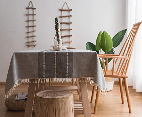 Plancholo Baumwoll-Leinen-Tischdecke, mit Quasten, waschbar, knitterfrei, Tischdecke für Küche, Esszimmer, Tischdekoration, Grau gestreift, rechteckig/länglich, 140 x 205 cm von Plancholo