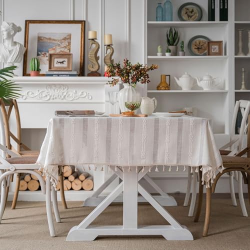 Plancholo Baumwoll-Leinen-Tischdecke im Bauernhaus-Stil, gestreift, bestickt, knitterfrei, waschbar, rustikale Tischdecke mit Quasten für Küche, Esszimmer, Party (weiß, rechteckig, 140 x 160 cm) von Plancholo
