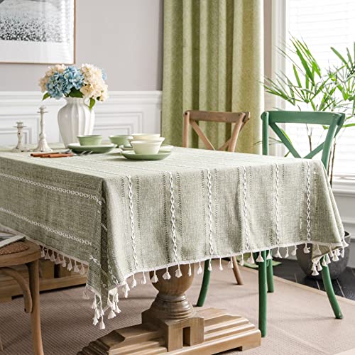 Plancholo Baumwoll-Leinen-Tischdecke im Bauernhaus-Stil mit Quasten, Stickerei, gestreift, knitterfrei, waschbar, Tischdecke für Küche, Esstisch, Dekoration (Grün, quadratisch, 61 x 61 cm) von Plancholo